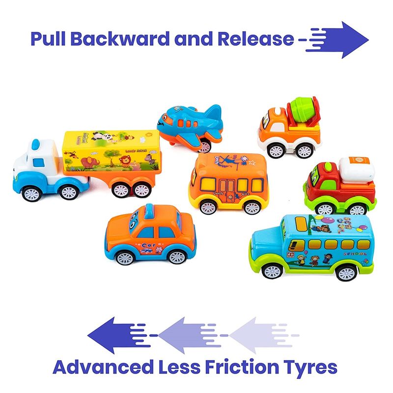 Unbreakable Friction Powered Pull Back Toy Vehicles Set of 7 - Multicolor