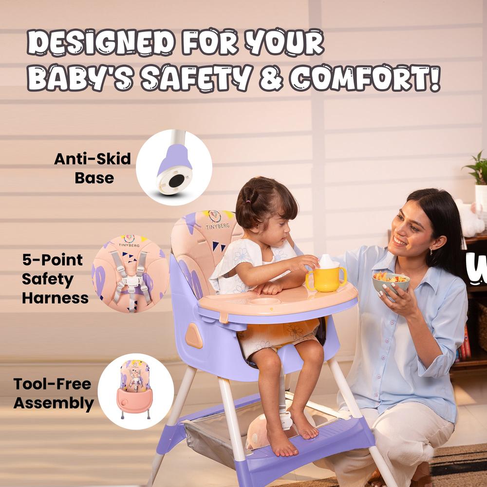 Tinyberg 3-in-1 High Chair with 5 Point Safety Belt | Upto 50 Kg | Foldable & Compact | Anti Skid Base | Wonderseat | Blueberry Pink
