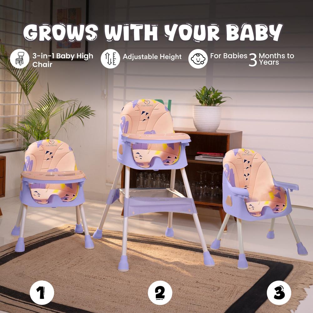 Tinyberg 3-in-1 High Chair with 5 Point Safety Belt | Upto 50 Kg | Foldable & Compact | Anti Skid Base | Wonderseat | Blueberry Pink
