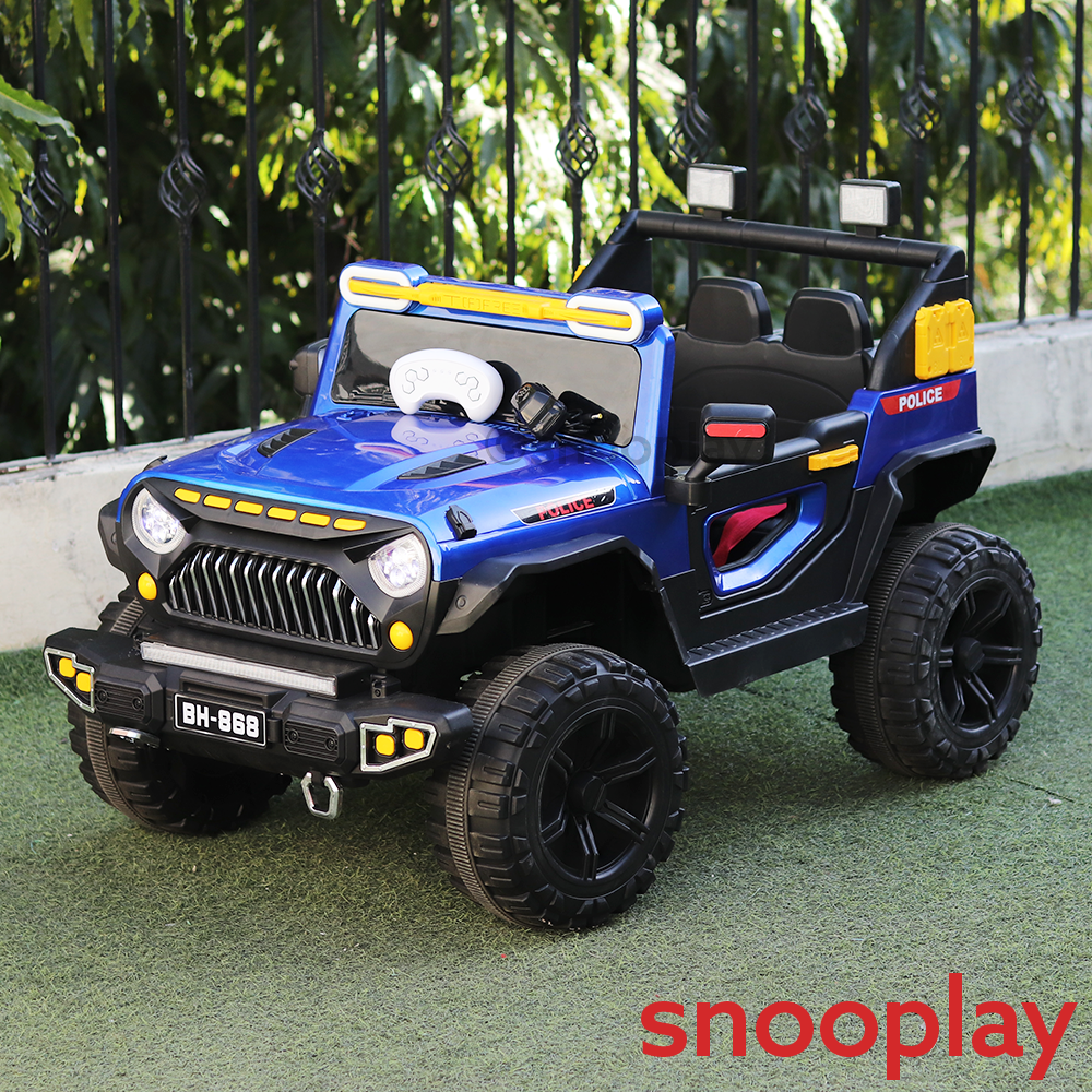Parental & Self Control | Battery Police Ride On Jeep | Single Seater, Music, Light, AUX, Honk & Swing Feature (1.5-8 Years)