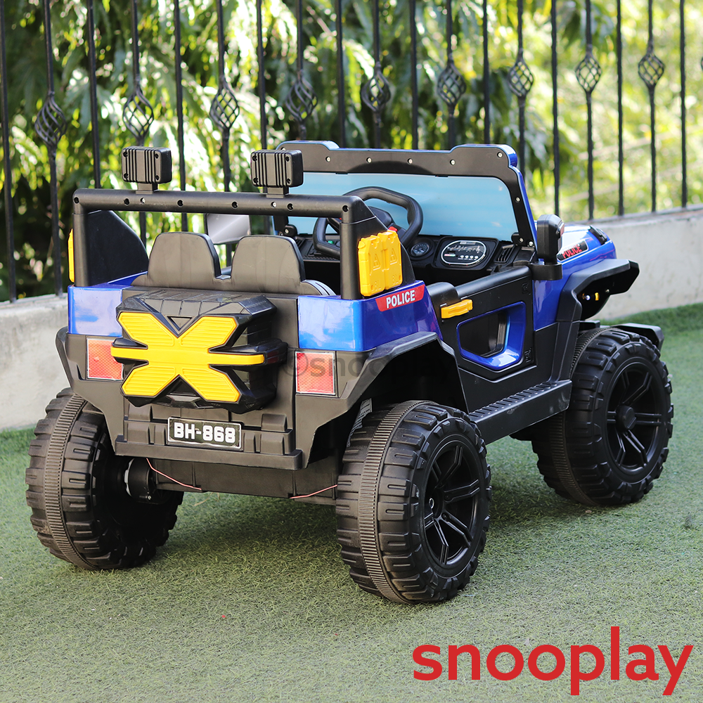 Parental & Self Control | Battery Police Ride On Jeep | Single Seater, Music, Light, AUX, Honk & Swing Feature (1.5-8 Years)