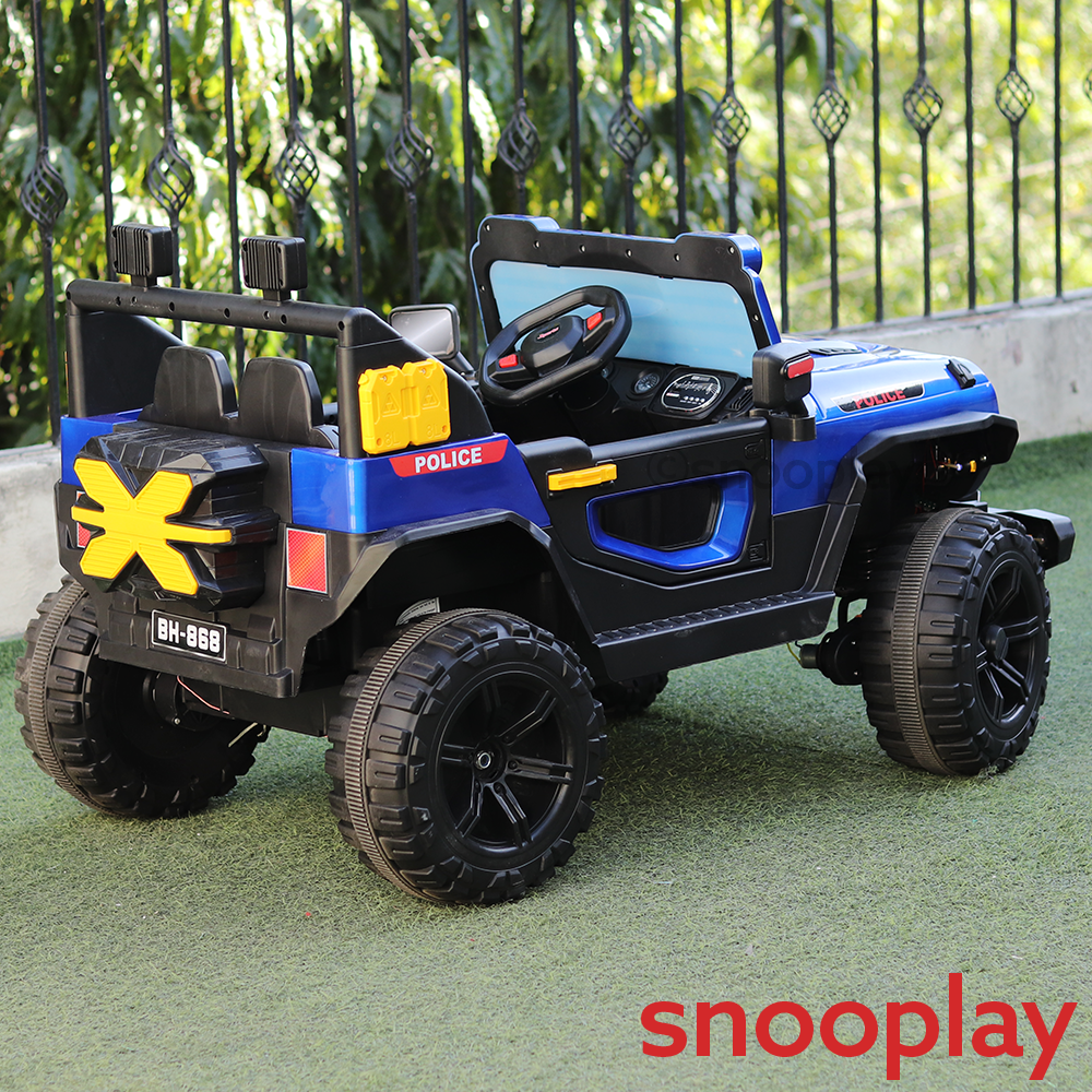Parental & Self Control | Battery Police Ride On Jeep | Single Seater, Music, Light, AUX, Honk & Swing Feature (1.5-8 Years)