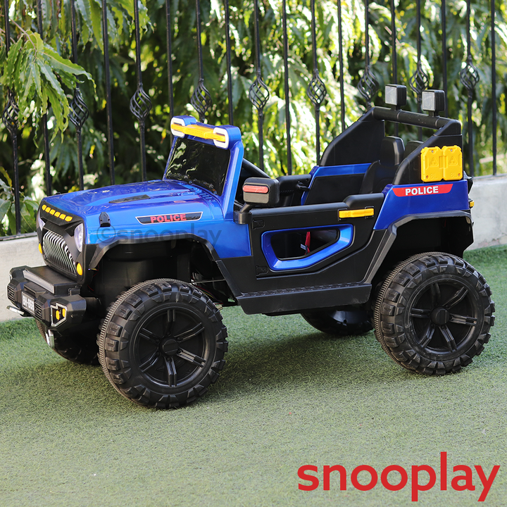 Parental & Self Control | Battery Police Ride On Jeep | Single Seater, Music, Light, AUX, Honk & Swing Feature (1.5-8 Years)
