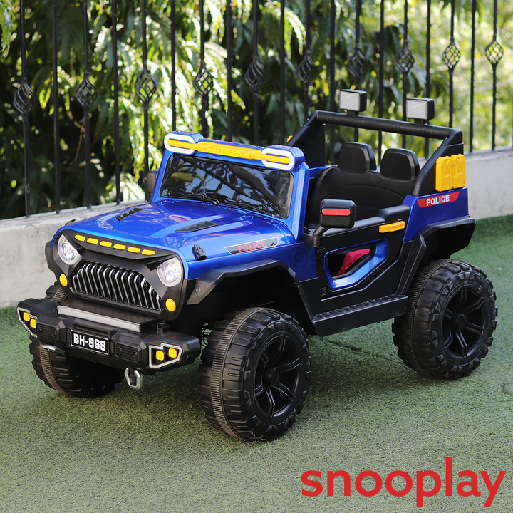 Parental & Self Control | Battery Police Ride On Jeep | Single Seater, Music, Light, AUX, Honk & Swing Feature (1.5-8 Years)