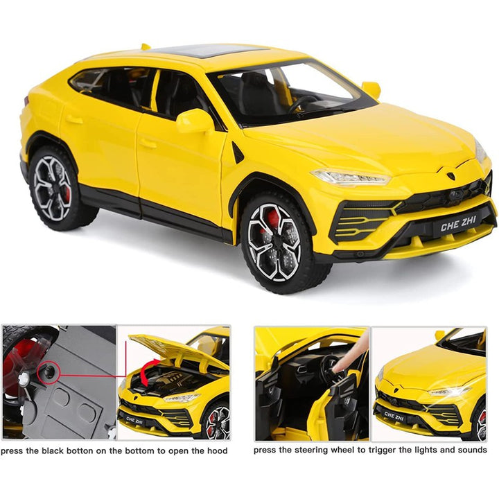 Resembling Lamborghini Urus Diecast Metal Car with Smoke Simulation, Pullback Function, Light, Sound & Openable Doors | 1:24 Scale Model