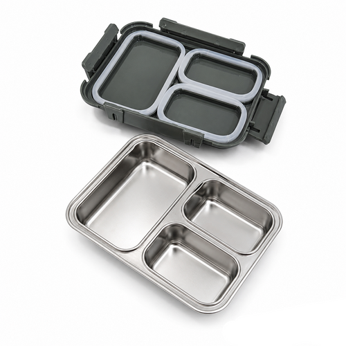Jaypee 3 Section Steel Mate Insulated Lunch Box | Snap-close Latches, Silicon Seals - Green