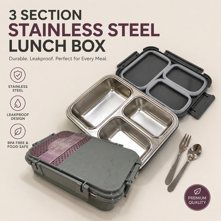 Jaypee 3 Section Steel Mate Insulated Lunch Box | Snap-close Latches, Silicon Seals - Green