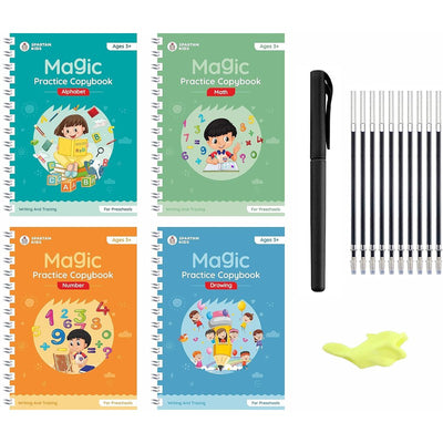 Complete Magic Practice Copybook Set (10 Refills, 1 Pen, and 1 Grip) - Number Tracing Book for Kids (Set of 4)