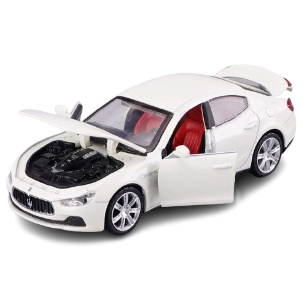 Resembling Maserati Quattroporte Coupe Diecast Metal Car with Pullback Function, Light, Sound & Openable Doors | 1:32 Scale Model