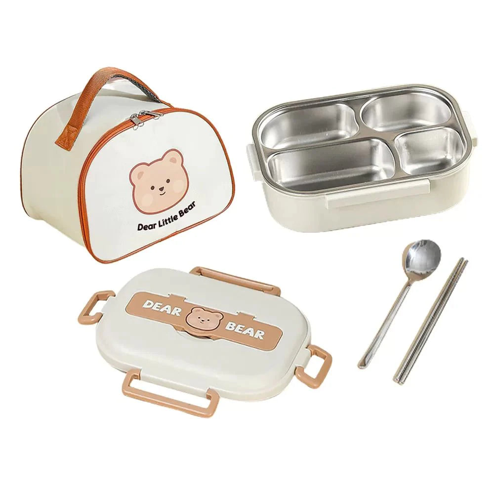 Insulated Cream Brown Bear Stainless Steel Lunch Box with Lunch Bag | Medium Size