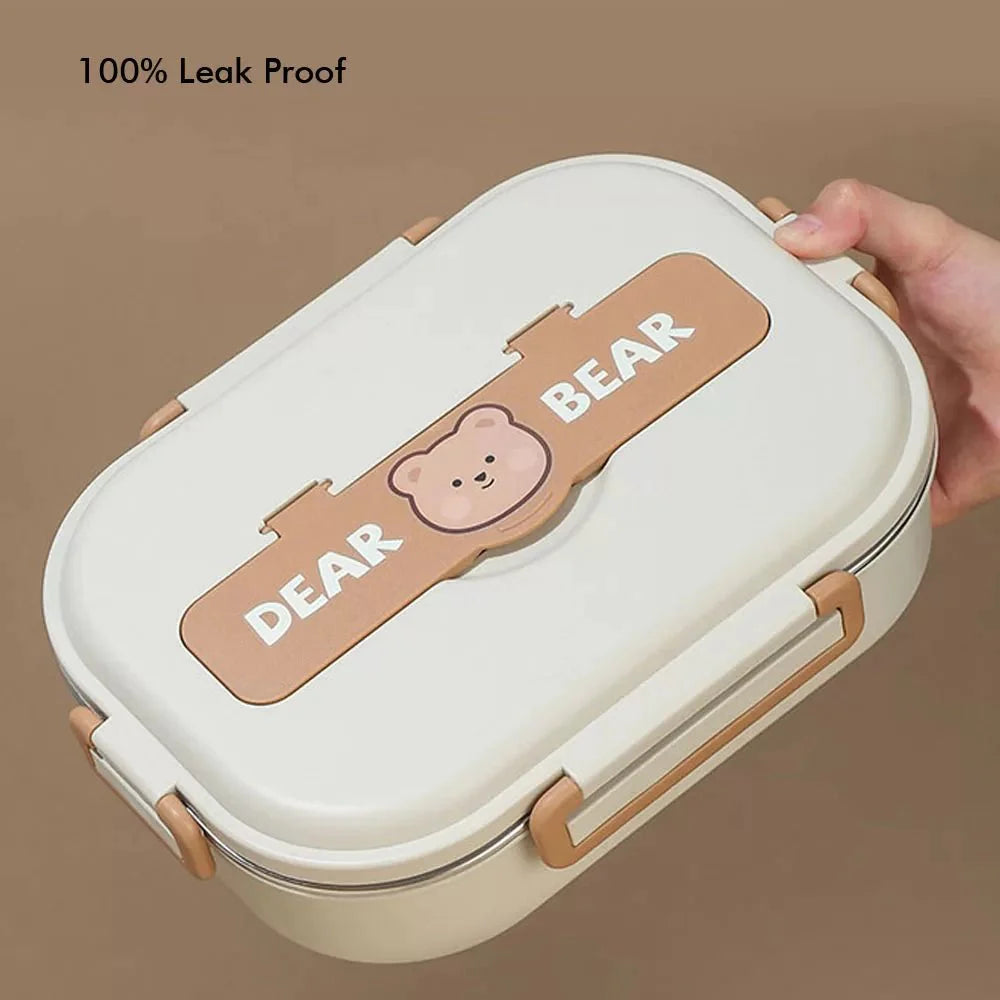 Insulated Cream Brown Bear Stainless Steel Lunch Box with Lunch Bag | Medium Size