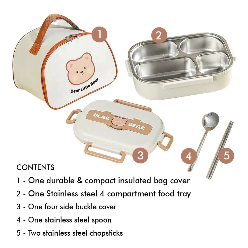 Insulated Cream Brown Bear Stainless Steel Lunch Box with Lunch Bag | Medium Size