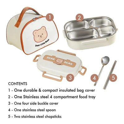 Insulated Cream Brown Bear Stainless Steel Lunch Box with Lunch Bag | Medium Size