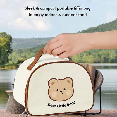 Insulated Cream Brown Bear Stainless Steel Lunch Box with Lunch Bag | Medium Size