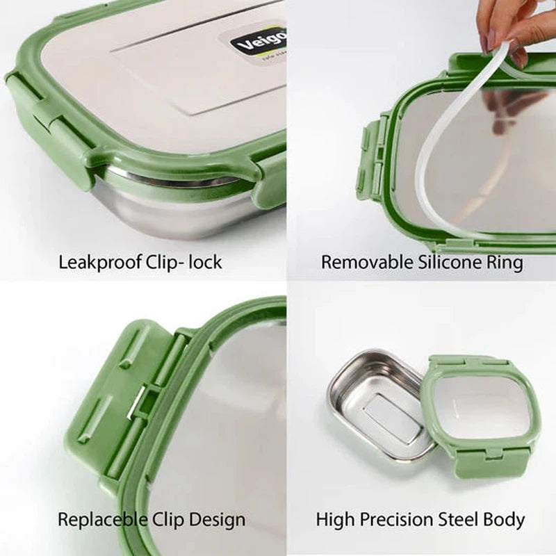 Jumbo Stainless Steel Lunch Box with Silicon Ring & Lid Lock with Small Veg Box Inside(950ml + 180ml)