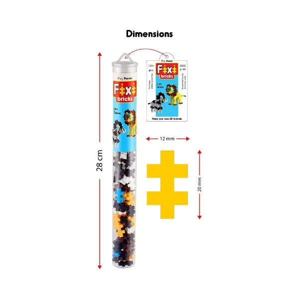 Play Panda Fixi Bricks Jungle Tube 2 Building Toy | Lion & Zebra - 110 Fixi Bricks | Instruction Manual | Storage Tube