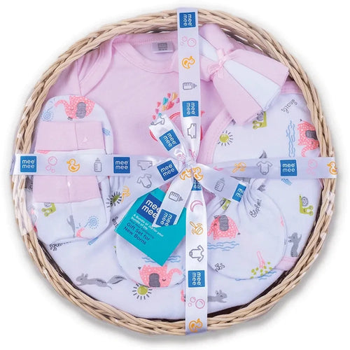 Mee Mee 8 Pieces Newborn Gift Set with Premium Packaging - 100% Cotton Interlock Theme | Pink