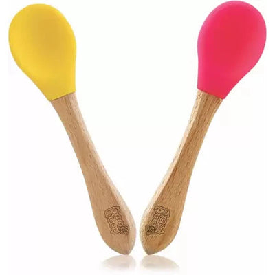 Bambu Silicone Baby Feeding Spoons |  Wooden Handle, Silicone Tip | Pack of 2 | Pink_Yellow