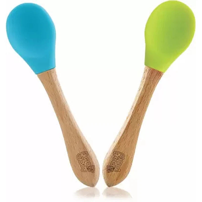 Bambu Silicone Baby Feeding Spoons |  Wooden Handle, Silicone Tip | Pack of 2 | Blue_Green