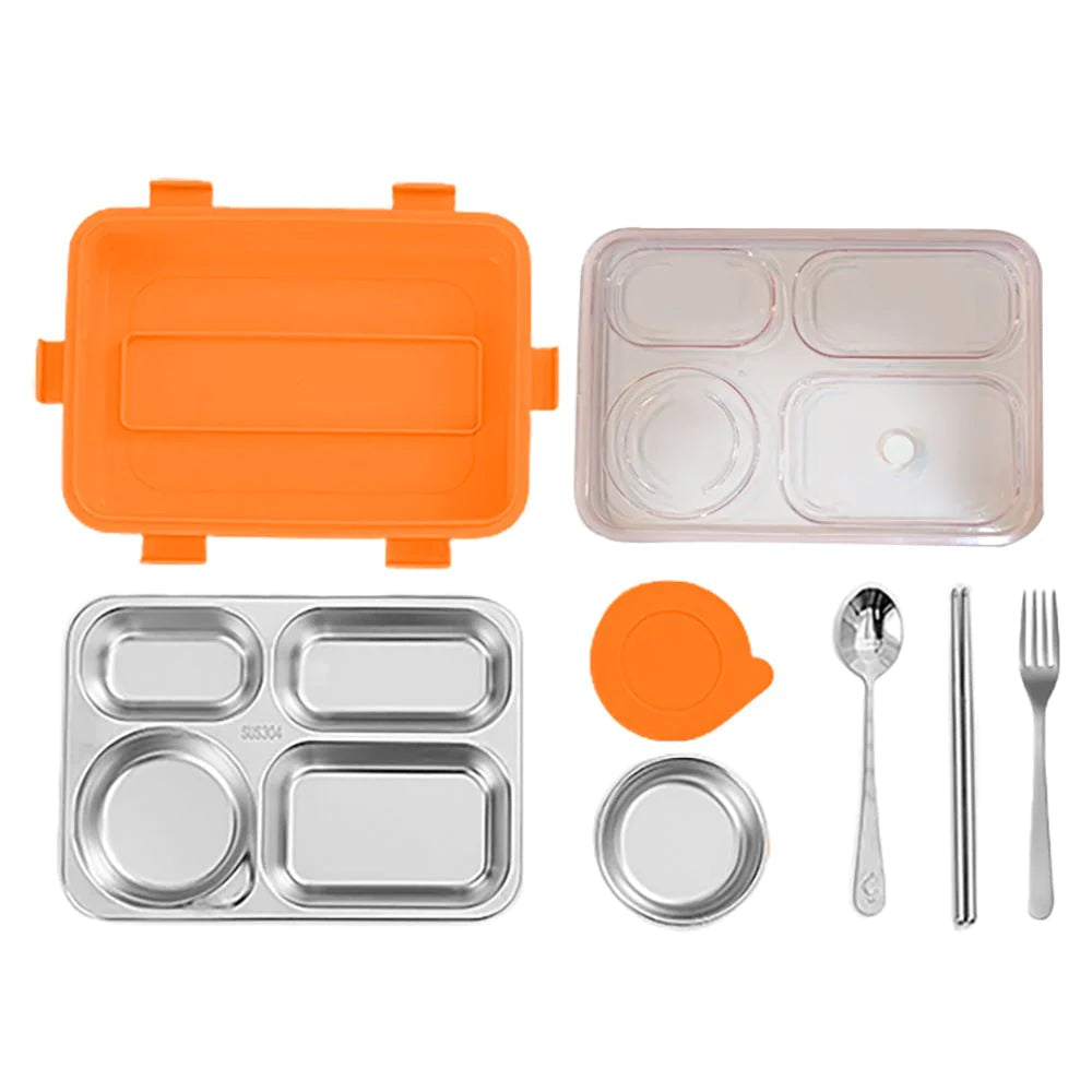 Transparent Lid Double Lock Stainless Steel Lunch Box (Orange)