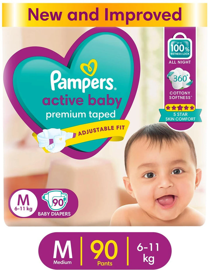 Pampers Active (Size M) Baby Diapers | 90 Pieces | 6-11 kg | Premium Taped | Adjustable Fit