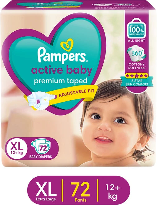 Pampers Active (Size XL) Baby Diapers | 72 Pieces | 12+ kg | Premium Taped | Adjustable Fit