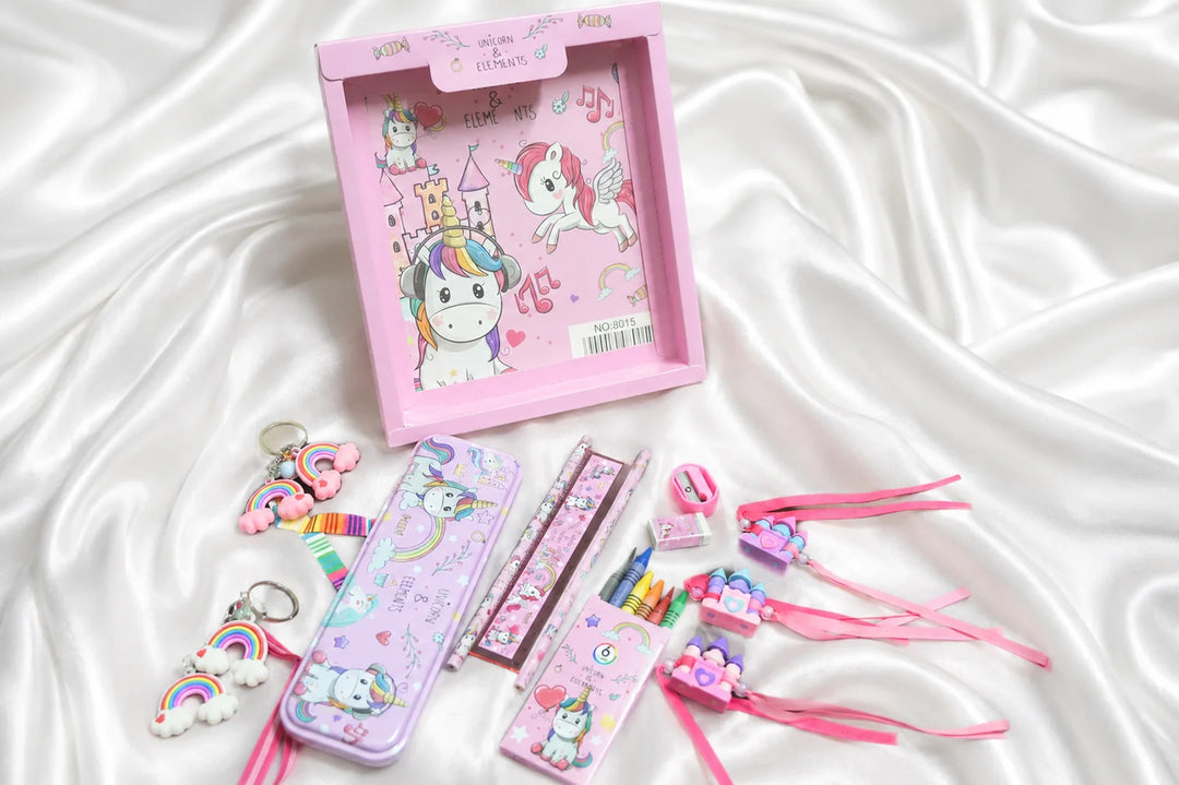 Ilearnngrow Unicorn Stationery Rakhi Combo | Unicorn Pencil Box Set with Castle Rakhi for Kids