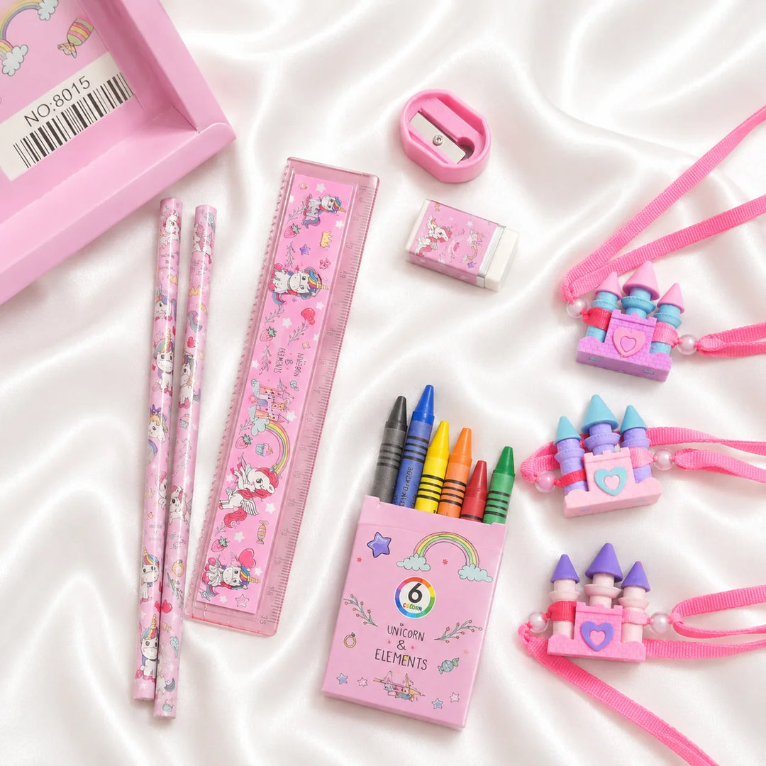 Ilearnngrow Unicorn Stationery Rakhi Combo | Unicorn Pencil Box Set with Castle Rakhi for Kids