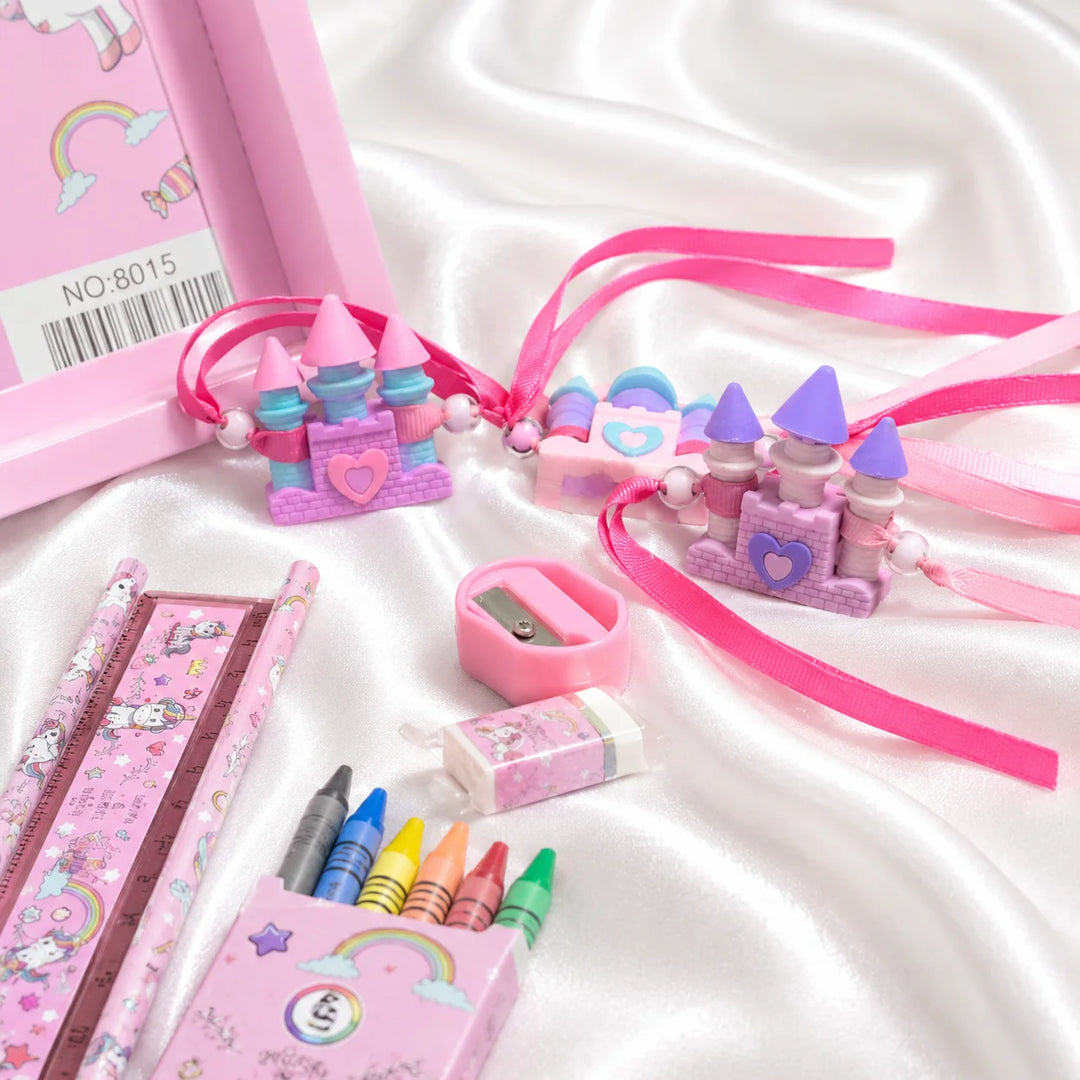 Ilearnngrow Unicorn Stationery Rakhi Combo | Unicorn Pencil Box Set with Castle Rakhi for Kids