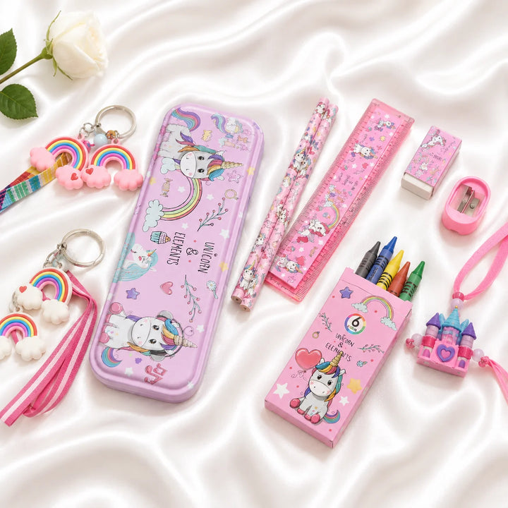 Ilearnngrow Unicorn Stationery Rakhi Combo | Unicorn Pencil Box Set with Castle Rakhi for Kids