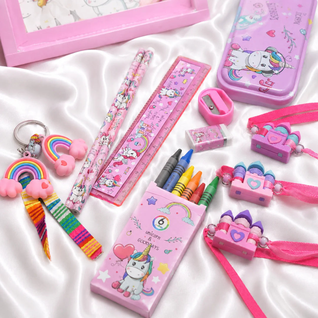 Ilearnngrow Unicorn Stationery Rakhi Combo | Unicorn Pencil Box Set with Castle Rakhi for Kids