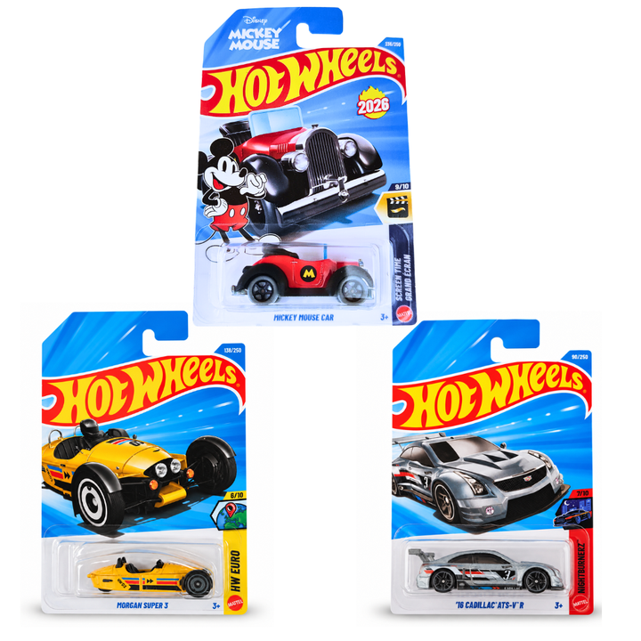 Set of 3 Hot wheels [HW 476] - Morgan Super 3, Mickey Mouse Car, '16 Cadillac ATS-V R