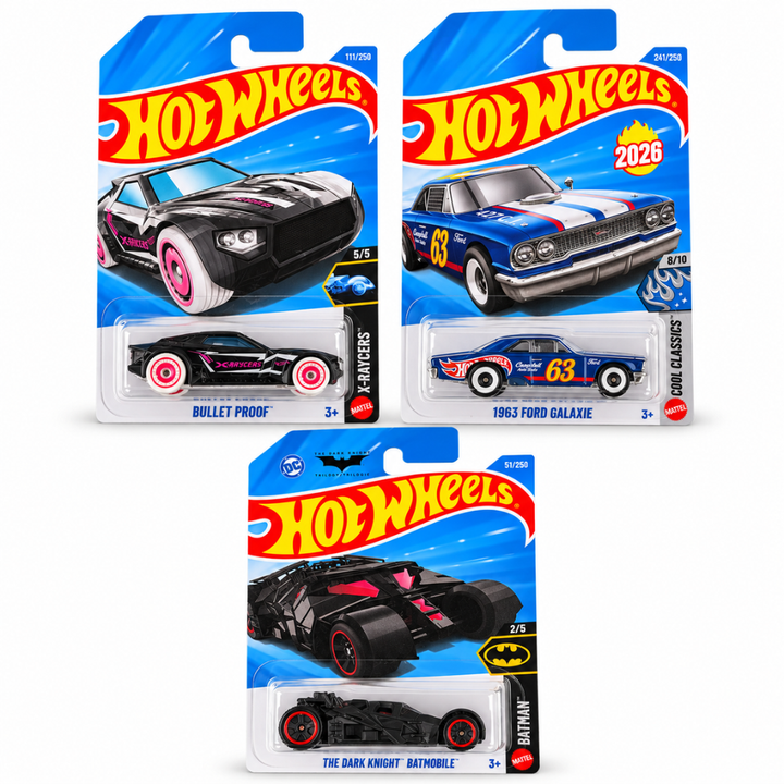 Set of 3 Hot wheels [HW 484] - The Dark Knight Batmobile, 1963 Ford Galaxie, Bullet Proof