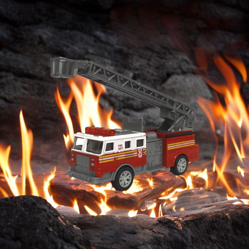 Die cast Metal Fire Brigade Truck | Stretchable Ladder & Push Back Function | Multicolour