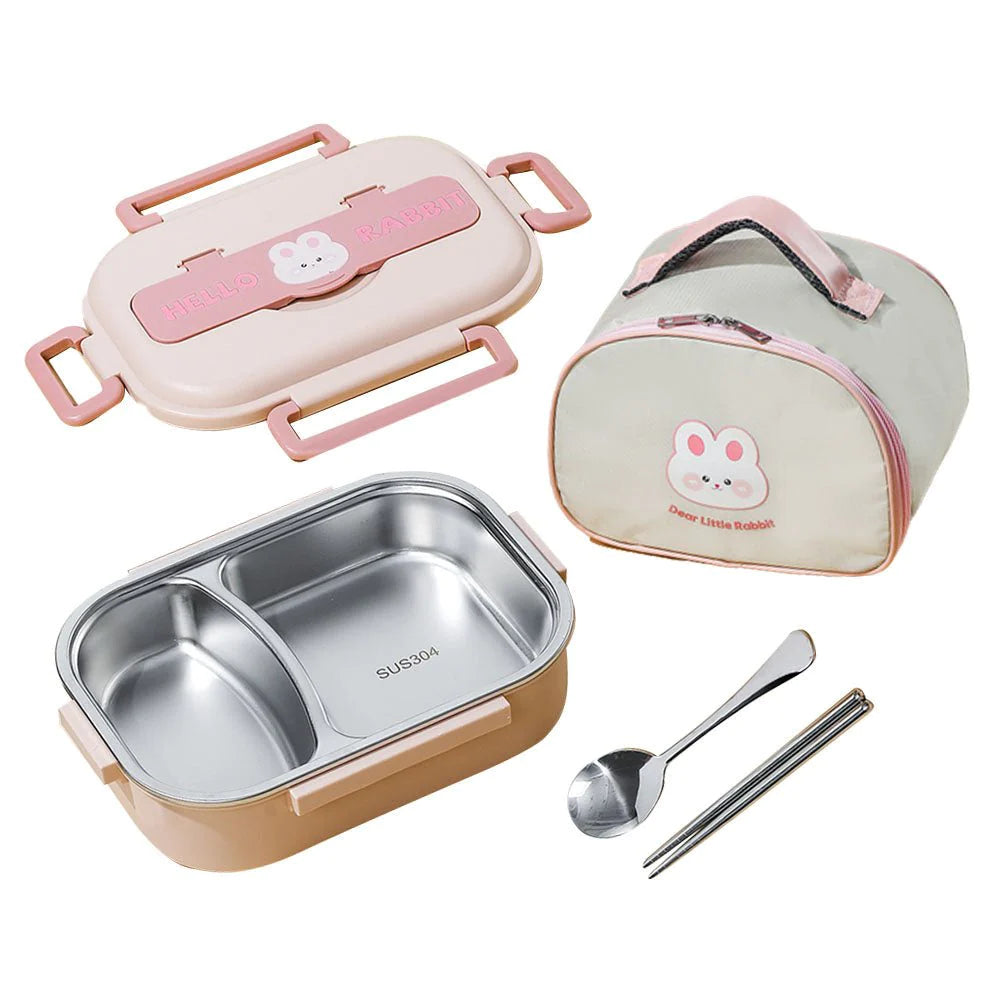 Insulated Rabbit Themed Lunch Box with Lunch Box Cover | Medium Size (Pink)