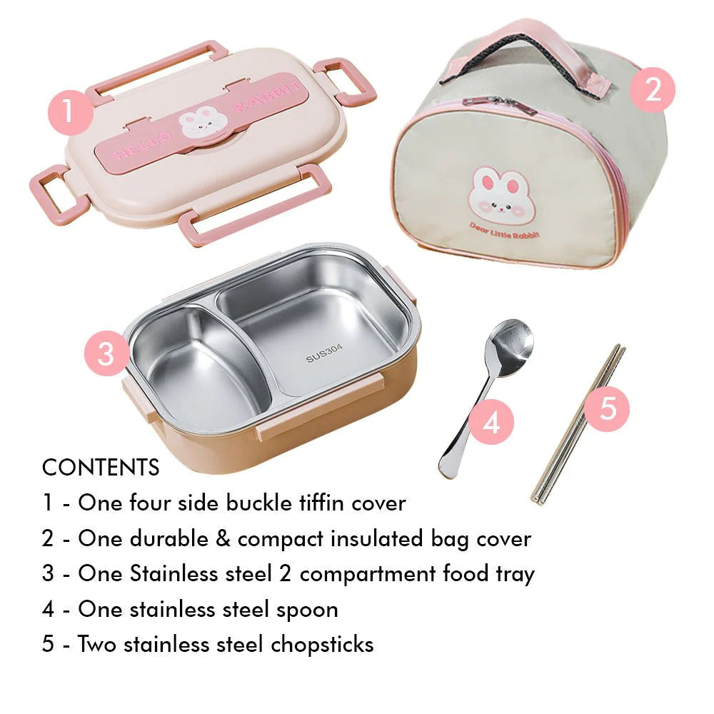 Insulated Rabbit Themed Lunch Box with Lunch Box Cover | Medium Size (Pink)