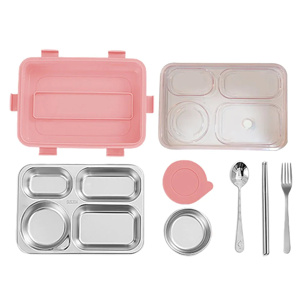 Transparent Lid Double Lock Stainless Steel Lunch Box (Pink)