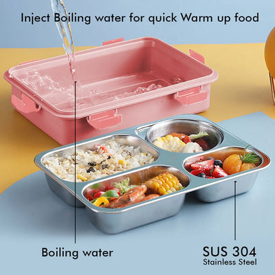 Transparent Lid Double Lock Stainless Steel Lunch Box (Pink)