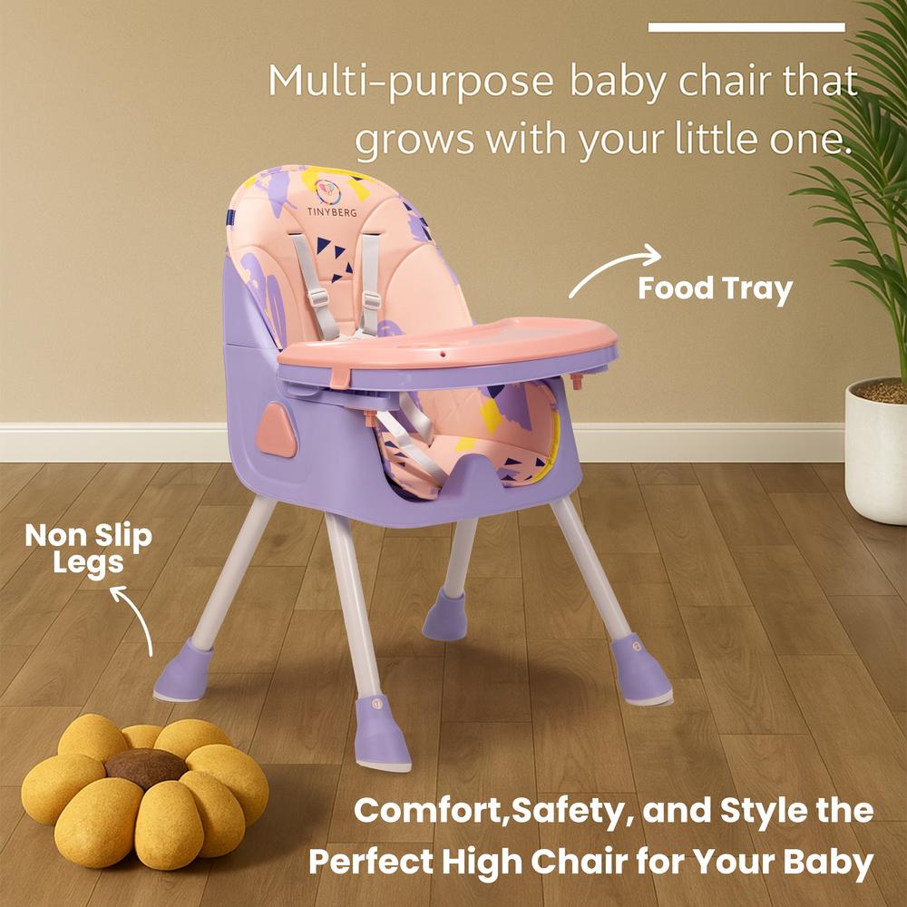 Tinyberg 3-in-1 High Chair with 5 Point Safety Belt | Upto 50 Kg | Foldable & Compact | Anti Skid Base | Wonderseat | Blueberry Pink