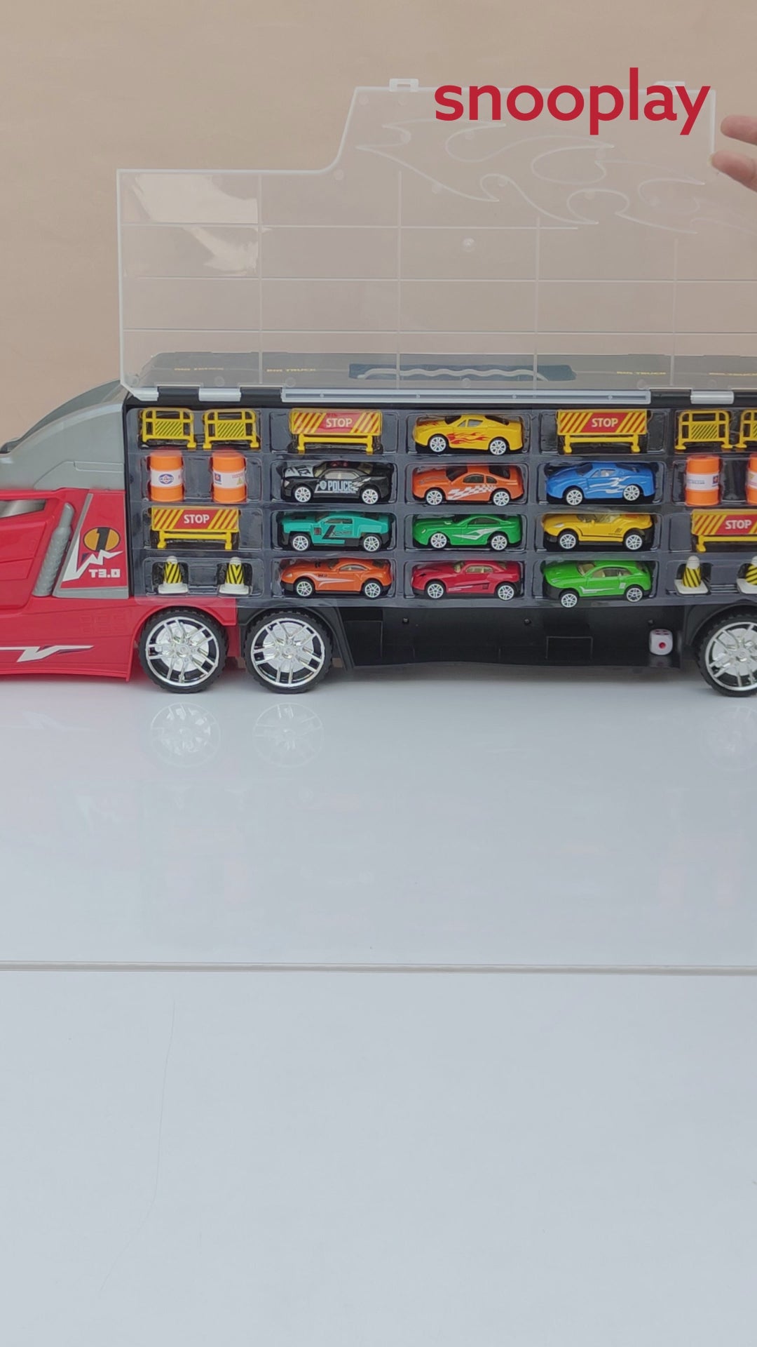 8-Wheeler Car Transporter with 10 Cars, 1 Mighty Truck, 16 Road Accessories & 1 Roadmap Game (3 Years till Grown Ups)