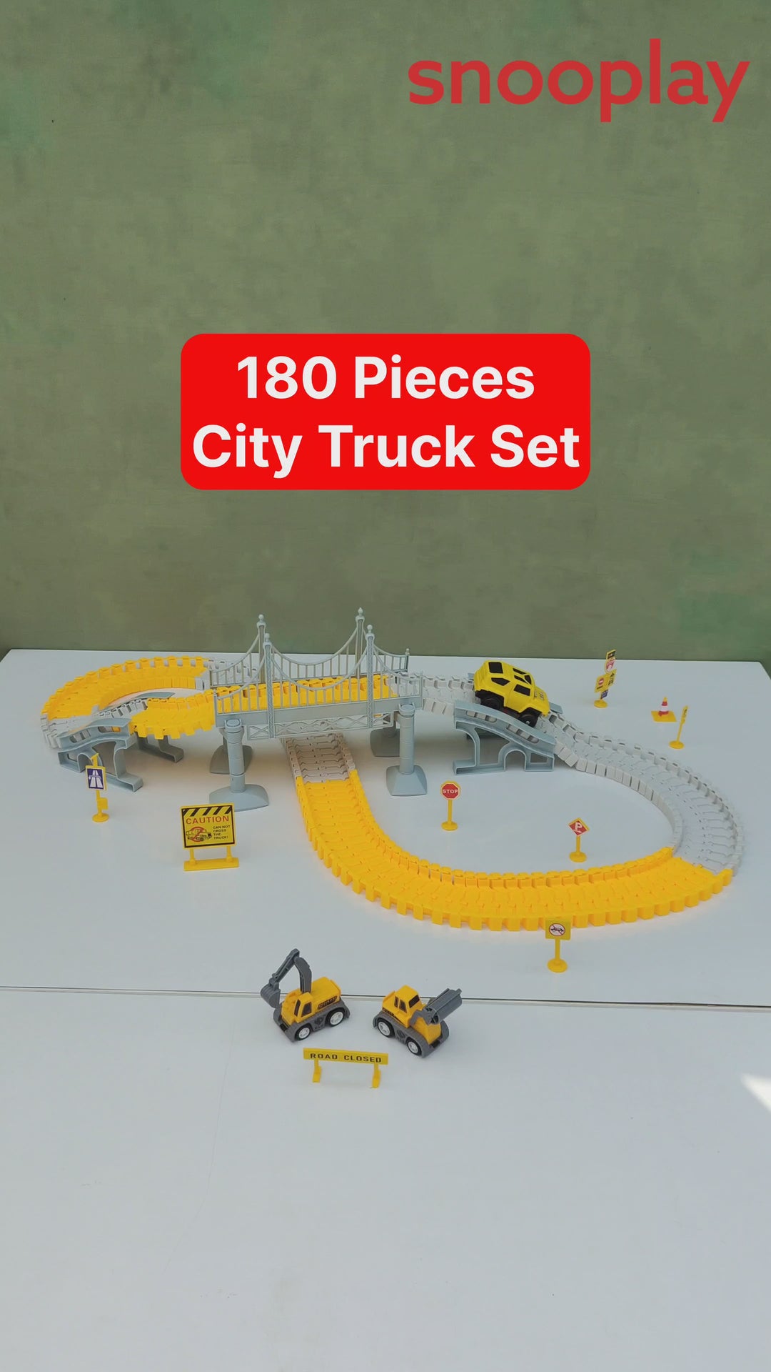 180 Pieces City Truck Track Set - Road Building Toy with Vehicles, Bridge & Signs (3-8 Years)