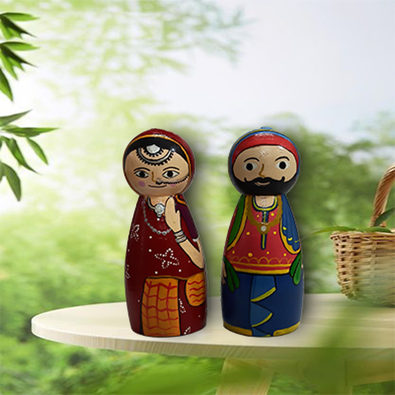 Handcrafted & Multicolored Wooden Punjabi Couple