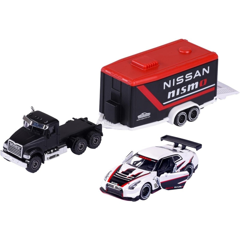 Licensed Diecast Nissan GT-R Nismo GT3 and Mack Granite Toy Car with Race Trailer