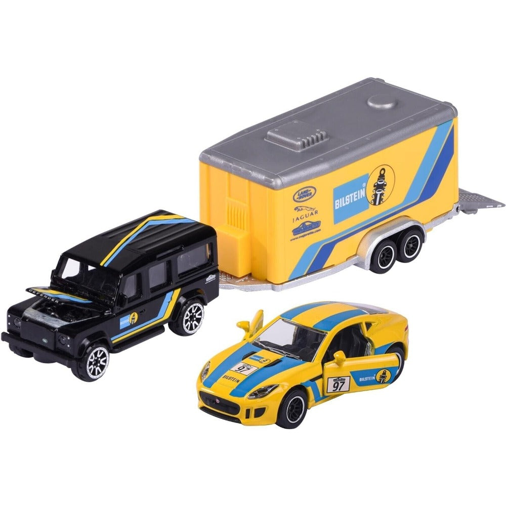 Licensed Diecast Land Rover Defender 110 and Jaguar F-type Toy Car with Race Trailer