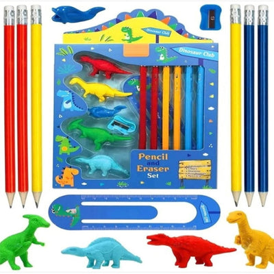 Dinosaur Club Unique Pencil and Eraser Set Stationery (Pack of 13)