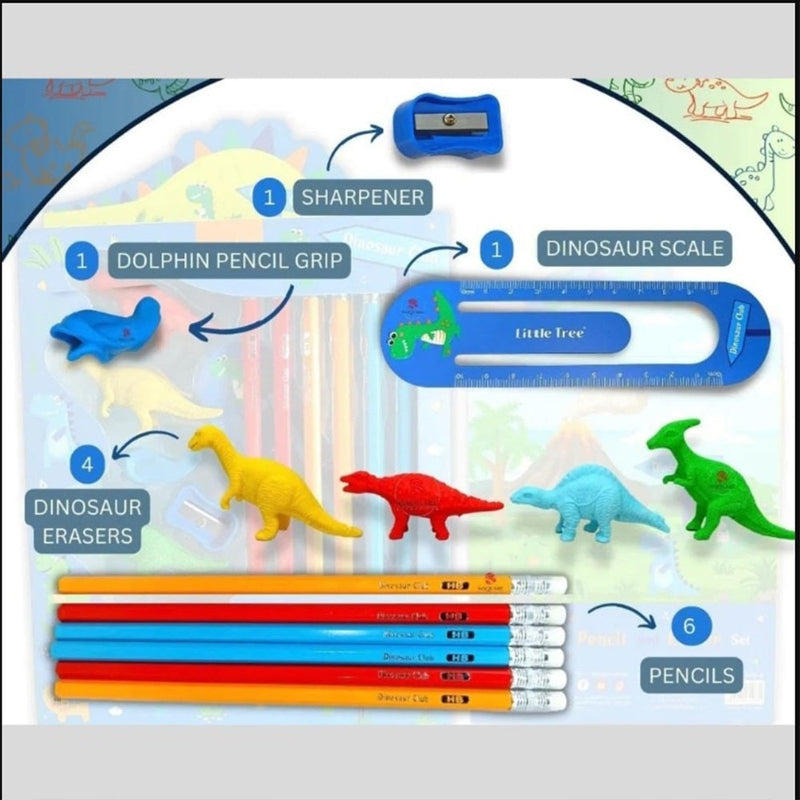 Dinosaur Club Unique Pencil and Eraser Set Stationery (Pack of 13)