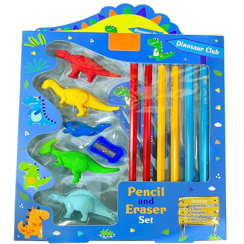 Dinosaur Club Unique Pencil and Eraser Set Stationery (Pack of 13)