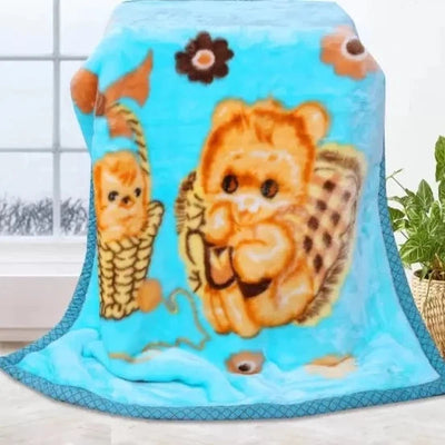 Animal Themed Printed Single Mink Blanket for Kids, Cotton (Blue)