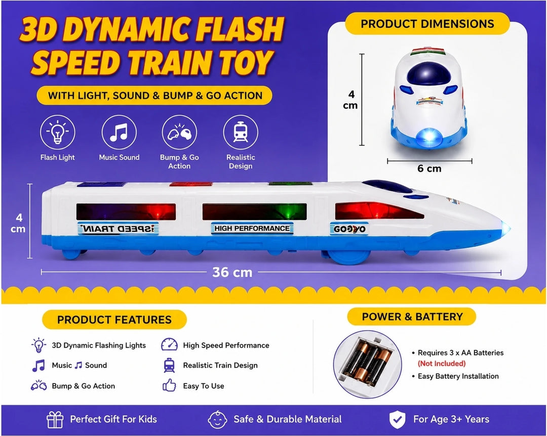 Gooyo 3D Dynamic Flash Speed Train Toy | Light, Music & Bump and Go Action | High-Speed Toy Train