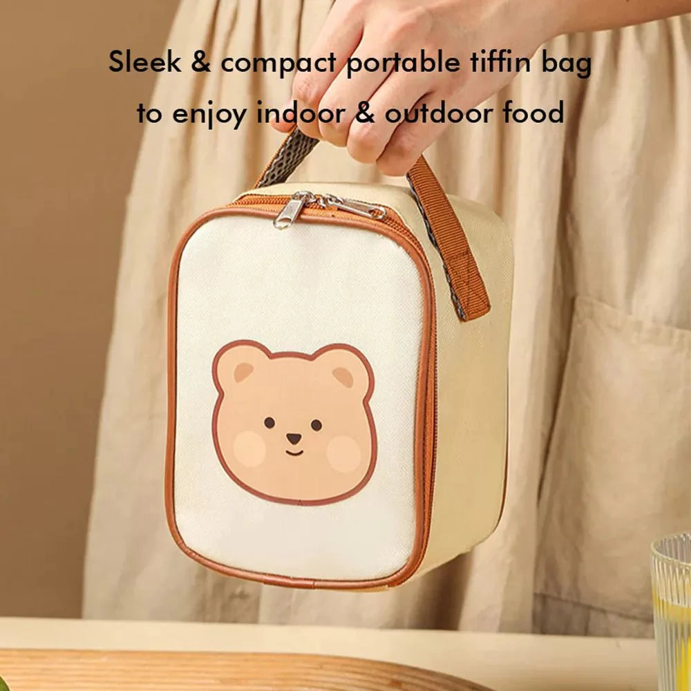 Big Size Stainless Steel Lunch Box /Tiffin with Insulated Matching Lunch Bag  for Kids and Adults, Cream Brown Bear - Little Surprise Box